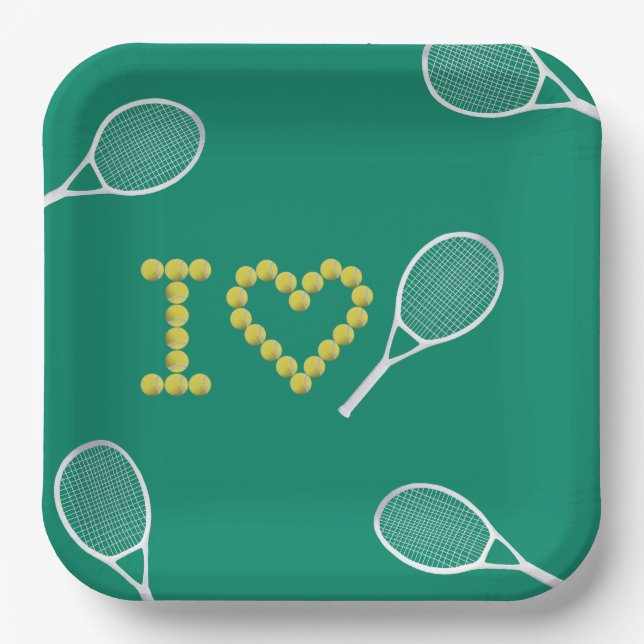 Modern I Love Tennis Green Paper Plates (Front)