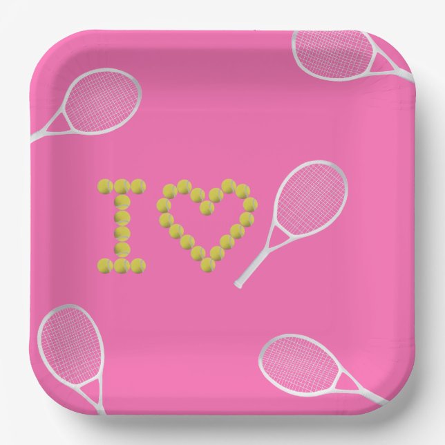 Modern I Love Tennis Pink Paper Plates (Front)