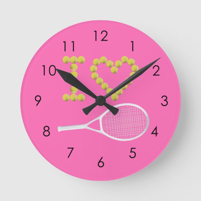 Modern I Love Tennis Pink Round Clock (Front)