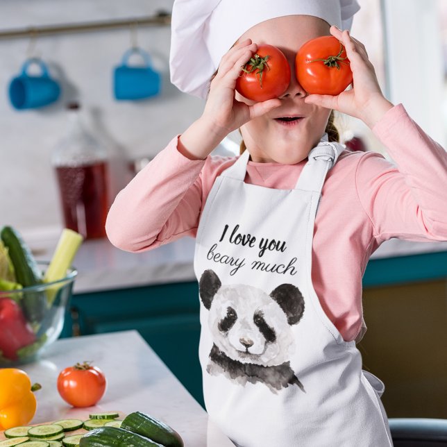 Modern I Love You Beary Much Black And White Panda Kids' Apron (Creator Uploaded)