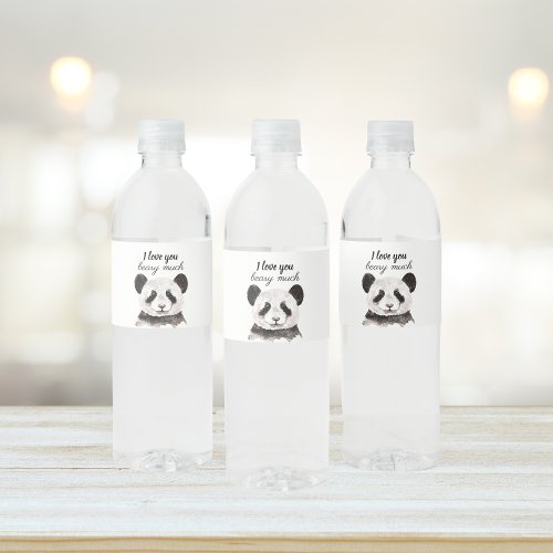 Modern I Love You Beary Much Black And White Panda Water Bottle Label