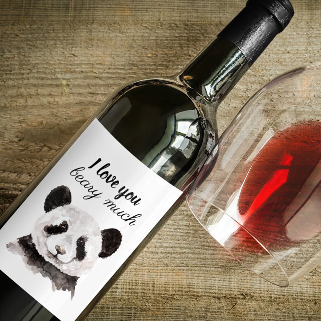 Modern I Love You Beary Much Black And White Panda Wine Label (Creator Uploaded)