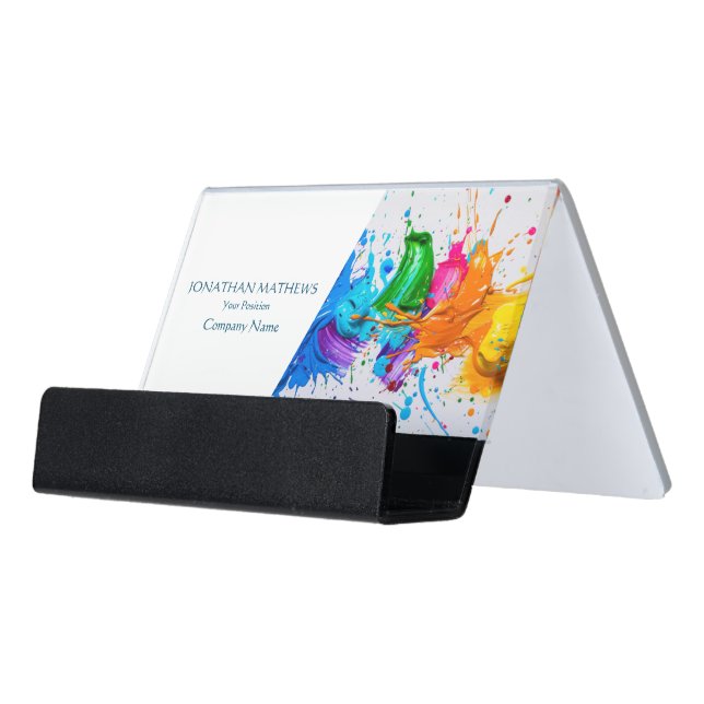 Modern I Oil Paint Abstract Desk Business Card Holder (Angled Front)