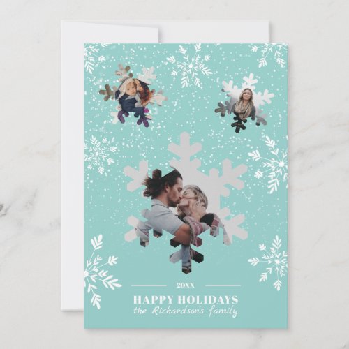 Modern ice blue chic Christmas snowflakes photo Holiday Card