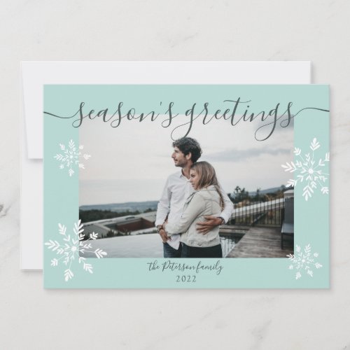 Modern ice blue Christmas script snowflakes photo Holiday Card