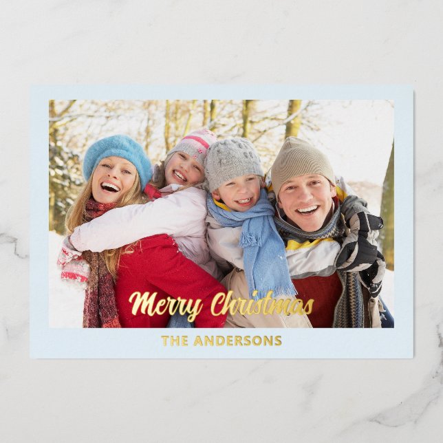 Modern Ice Blue Elegant Photo Flat Merry Christmas Foil Holiday Card (Front)