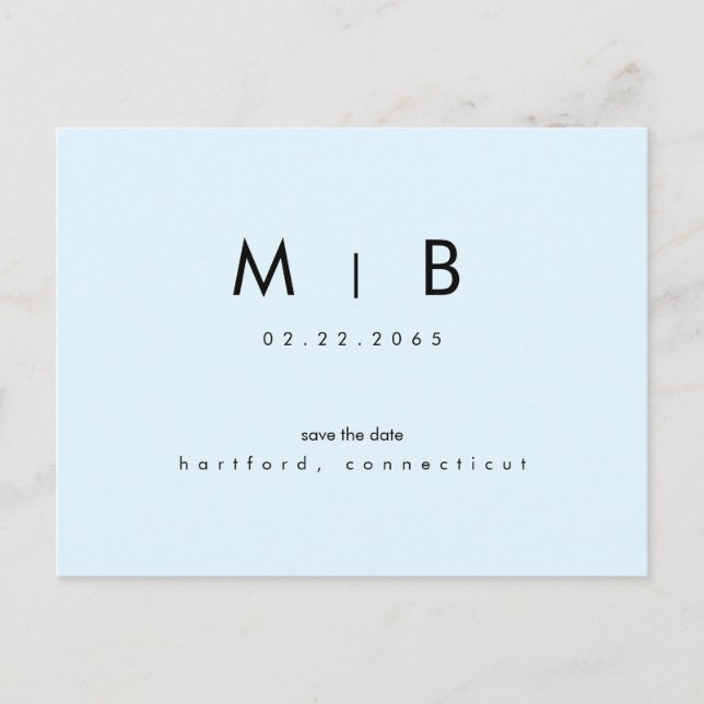 Modern Ice Blue Monogram Wedding Save the Date  Postcard (Front)