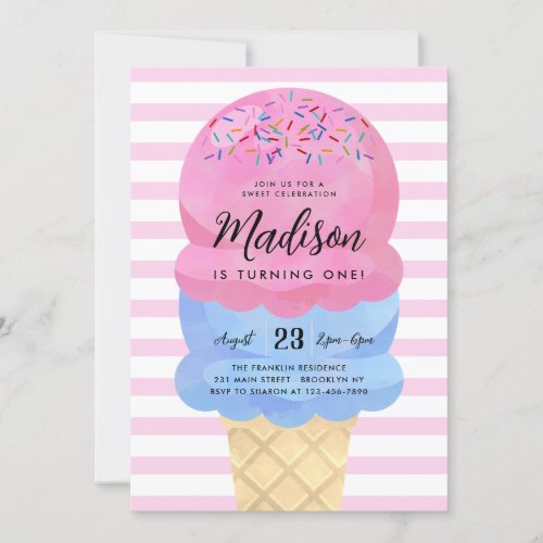 Modern Ice Cream Blush Pink Blue Kids Birthday Invitation
