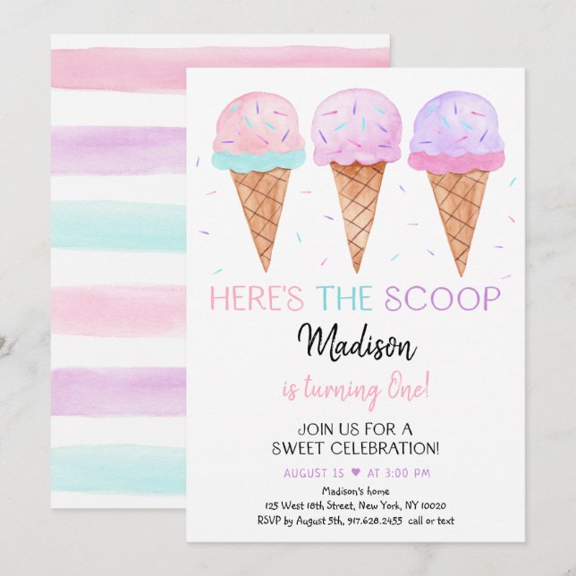 Modern Ice Cream Here's The Scoop Birthday Invitation (Front/Back)