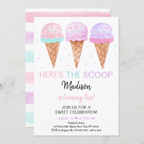 Modern Ice Cream Heres The Scoop Birthday Invitation