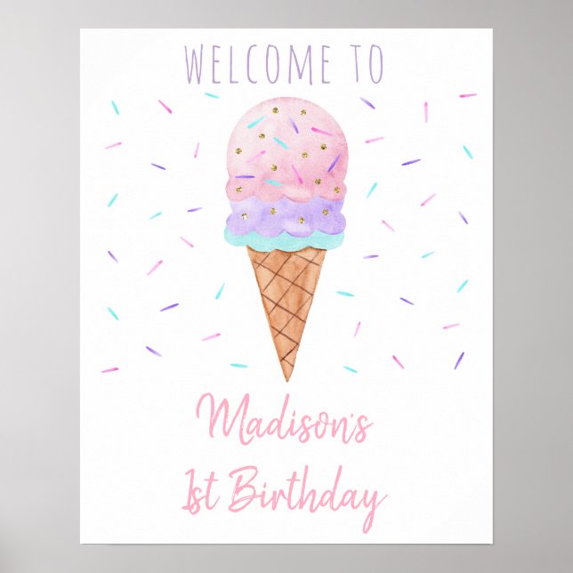 Modern Ice Cream Sprinkles Birthday Welcome Poster (Front)