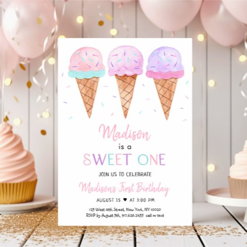 Modern Ice Cream Sweet One Birthday Invitation