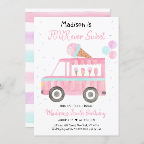 Modern Ice Cream Truck FOUR ever Sweet Birthday Invitation
