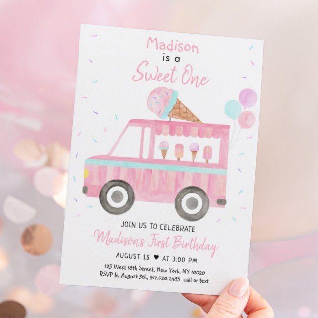 Modern Ice Cream Truck Sweet One Birthday Invitation