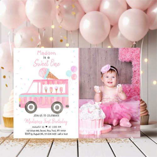 Modern Ice Cream Truck Sweet One Birthday Invitation