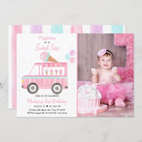 Modern Ice Cream Truck Sweet One Birthday Invitation