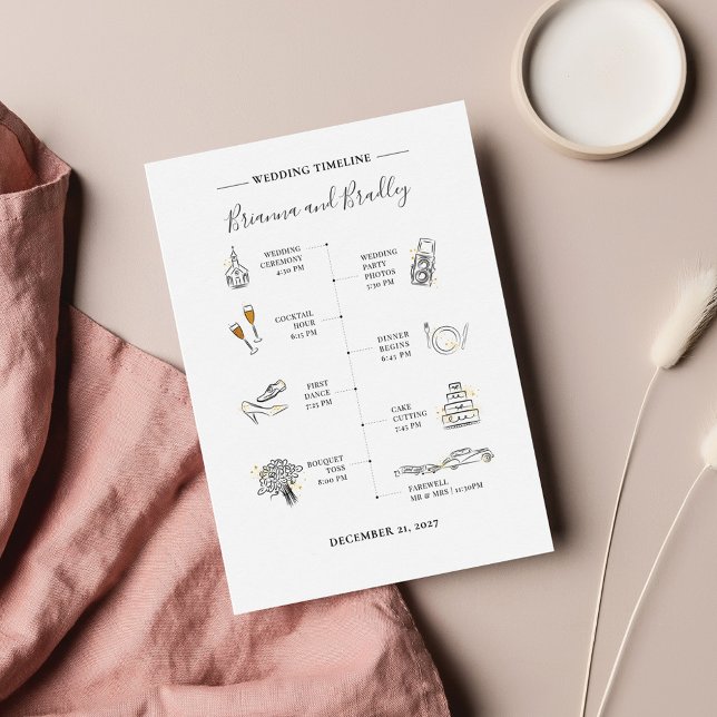 Modern Icon Wedding Day Itinerary Note Card (Modern Wedding Timeline with icons Program)