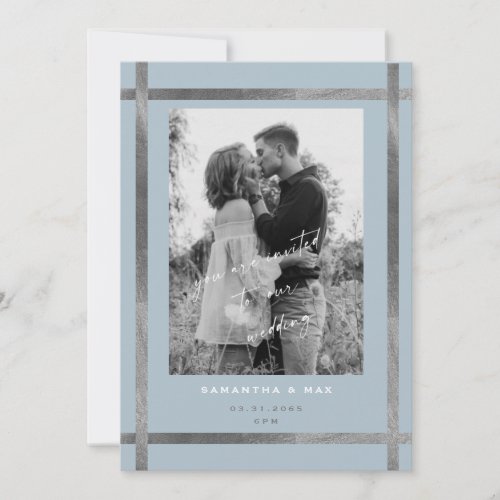 Modern Icy Blue  Silver Photo Wedding  Invitation