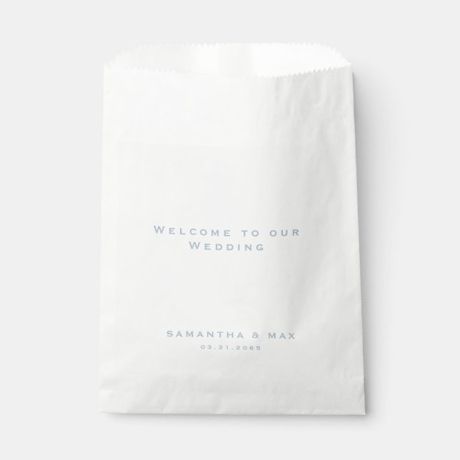 Modern Icy Blue Text White Wedding Welcome Favor Bag (Front)
