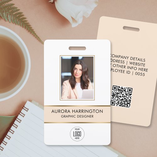 Modern ID Card Beige Gold Employee Photo Logo Badge