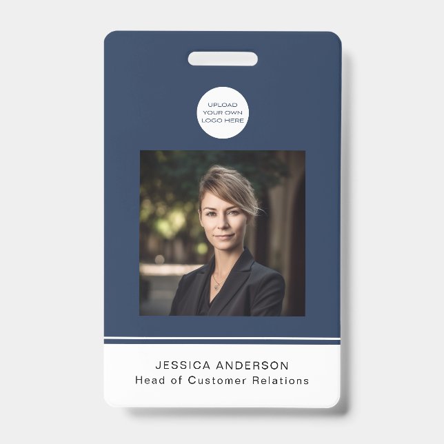 Modern ID Card Blue Minimal Logo Photo QR Code Badge (Front)