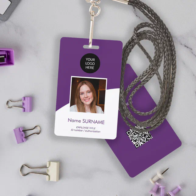 Modern ID card custom logo photo QR code Badge | Zazzle