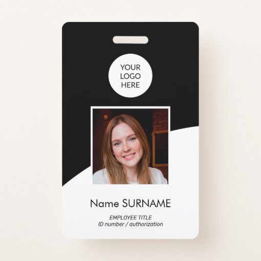 Modern ID card custom logo photo QR code black Badge | Zazzle