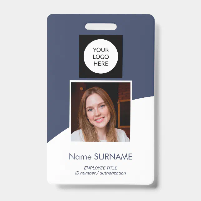 Modern ID card custom logo photo QR code navy Badge | Zazzle