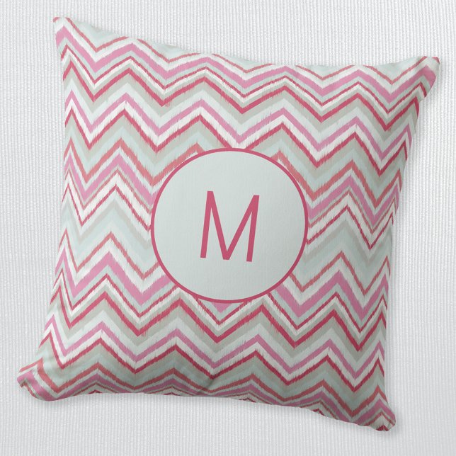 Modern Ikat Chevron Stripe Monogram Initial Throw Pillow (Modern Ikat zigzag chevron pattern monogram initial personalized pastel green pink throw pillow)