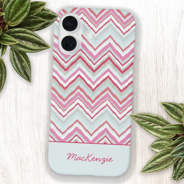 Modern Ikat Chevron Stripe Personalized Name Case-Mate iPhone Case (Modern personalized name abstract geometric pink green ikat chevron stripe cell phone case)