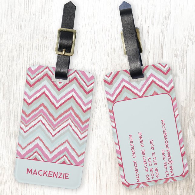 Modern Ikat Chevron Stripe Personalized Name Luggage Tag (Modern ikat chevron zigzag geometric stripe pink green personalized name luggage tag)