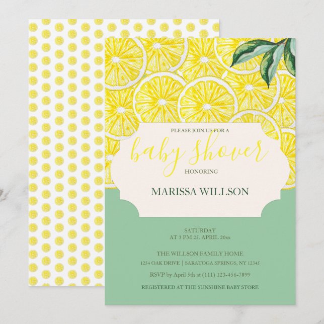 Modern Illustrated Lemon Slices Watercolor Art Invitation (Front/Back)