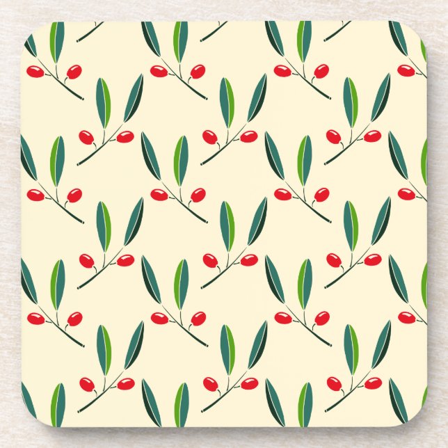 Modern Illustrated Red Berries Pattern Beverage Coaster (Front)