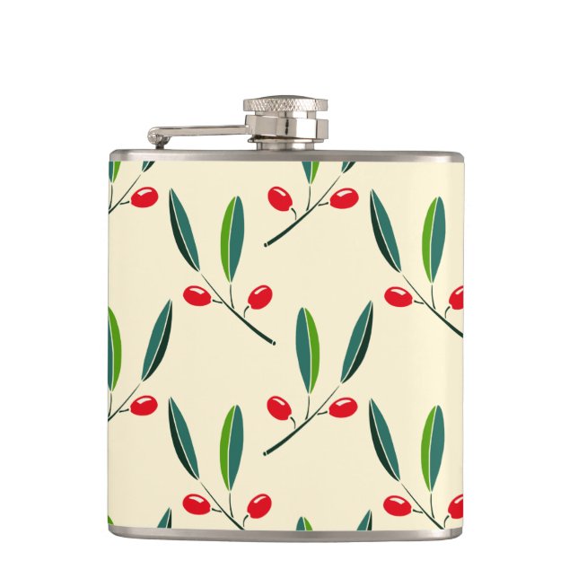 Modern Illustrated Red Berries Pattern Flask (Front)