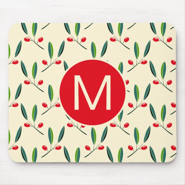 Modern Illustrated Red Berries Pattern Monogram Mouse Pad (Front)