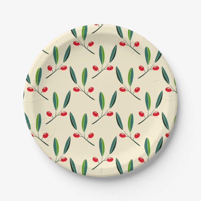 Modern Illustrated Red Berries Pattern Paper Plates (Front)