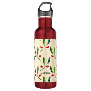 Modern Illustrated Red Berries Pattern Personalise Stainless Steel Water Bottle