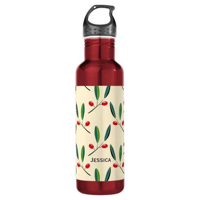 Modern Illustrated Red Berries Pattern Personalise Stainless Steel Water Bottle (Front)