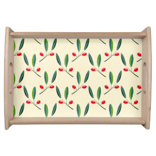 Modern Illustrated Red Berries Pattern Serving Tray