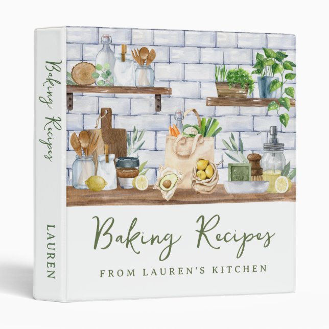 Modern Illustrated Watercolor Baking Recipes 3 Ring Binder (Front/Spine)