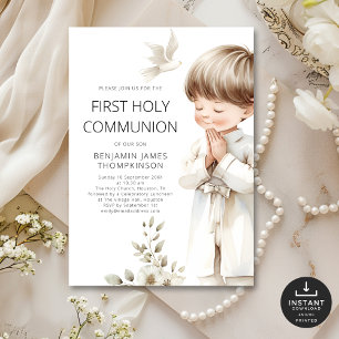 Modern illustration Boy Praying 1st Holy Communion Invitation