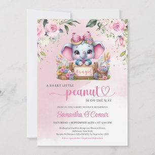 Modern illustration elephant little peanut pink invitation