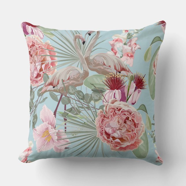 Modern illustration floral flamingo blue luxurious throw pillow (Front)