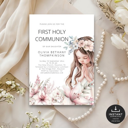 Modern illustration Girl Floral 1st Holy Communion Invitation