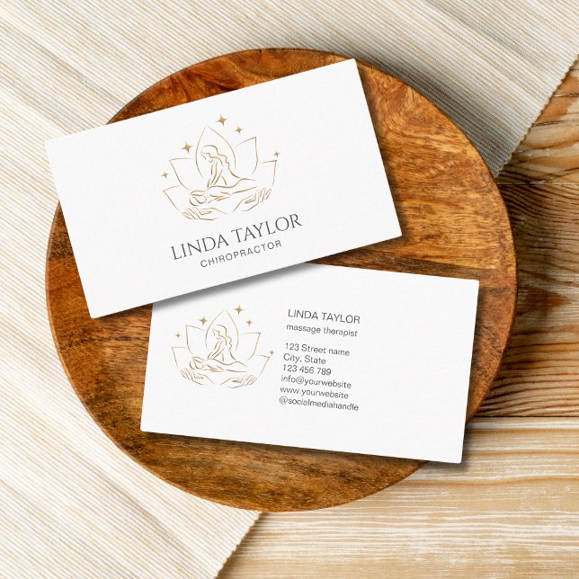 Modern Illustration Massage Therapist Business Car Business Card (gold lotus and hands massage practitioner)