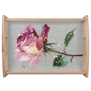 Modern Impressionist Gold Leaf Pink Rose Oil Paint Serving Tray
