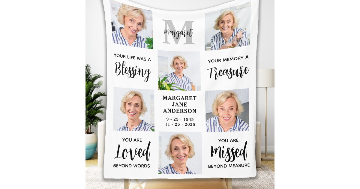 Modern In Loving Memory Custom 6 Photo Memorial Fleece Blanket | Zazzle