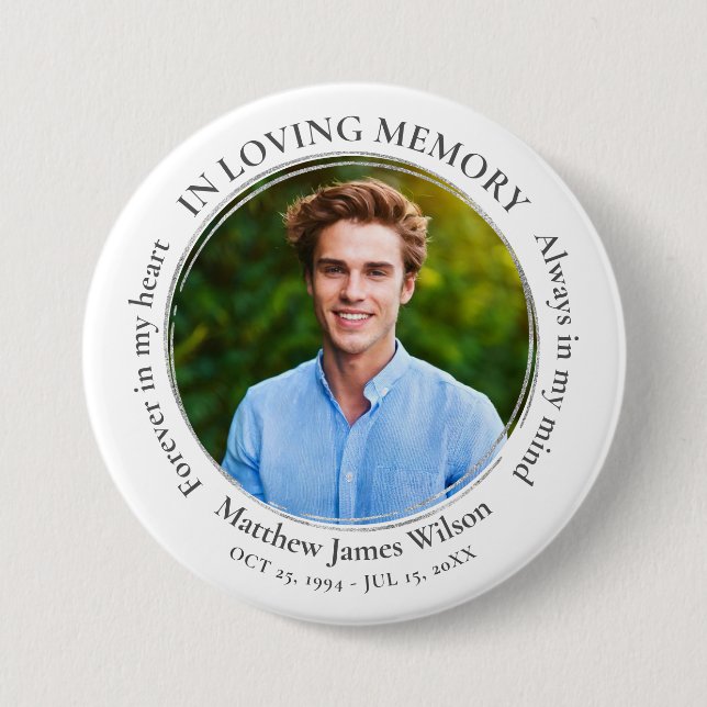 Modern In Loving Memory Memorial Funeral Keepsake Button (Front)