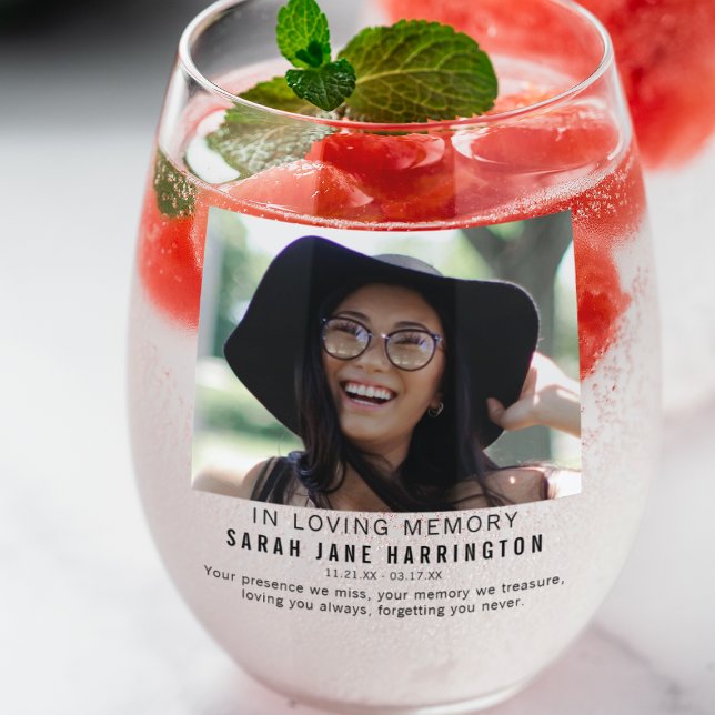 Modern In Loving Memory | Photo Memorial Stemless Wine Glass (Creator Uploaded)