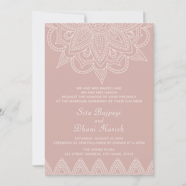 Modern Indian Elegant Pink Mehndi Hindu Wedding Invitation (Front)